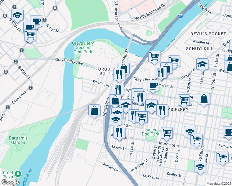 map of restaurants, bars, coffee shops, grocery stores, and more near 1325 South 34th Street in Philadelphia