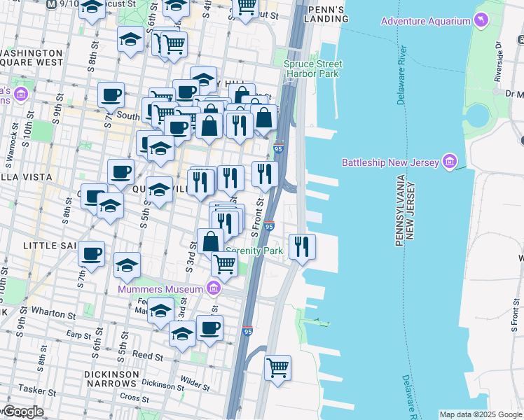 map of restaurants, bars, coffee shops, grocery stores, and more near 783 South Front Street in Philadelphia