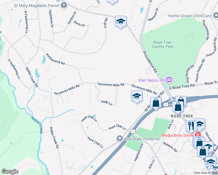 map of restaurants, bars, coffee shops, grocery stores, and more near 240 Sycamore Mills Road in Media