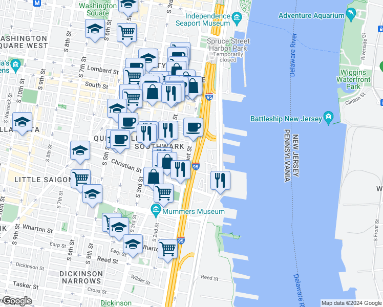 map of restaurants, bars, coffee shops, grocery stores, and more near 783 South Front Street in Philadelphia