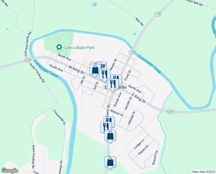 map of restaurants, bars, coffee shops, grocery stores, and more near 118 South Avenue in East Berlin