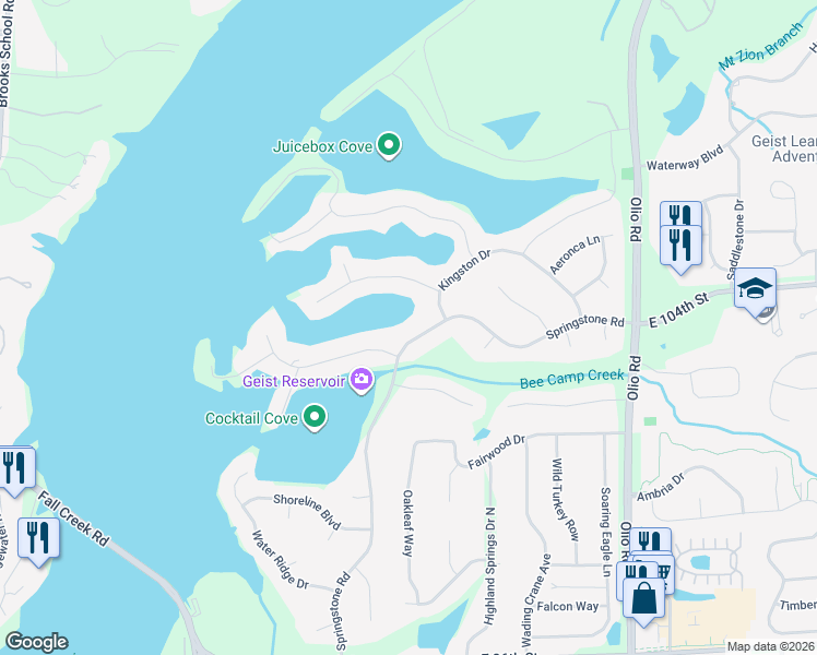 map of restaurants, bars, coffee shops, grocery stores, and more near 10207 Springstone Road in McCordsville