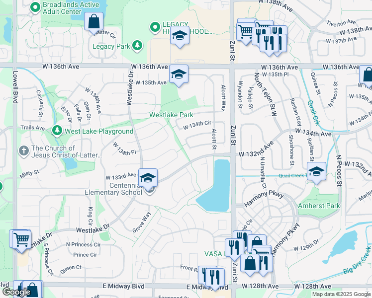 map of restaurants, bars, coffee shops, grocery stores, and more near 2640 West 133rd Circle in Broomfield