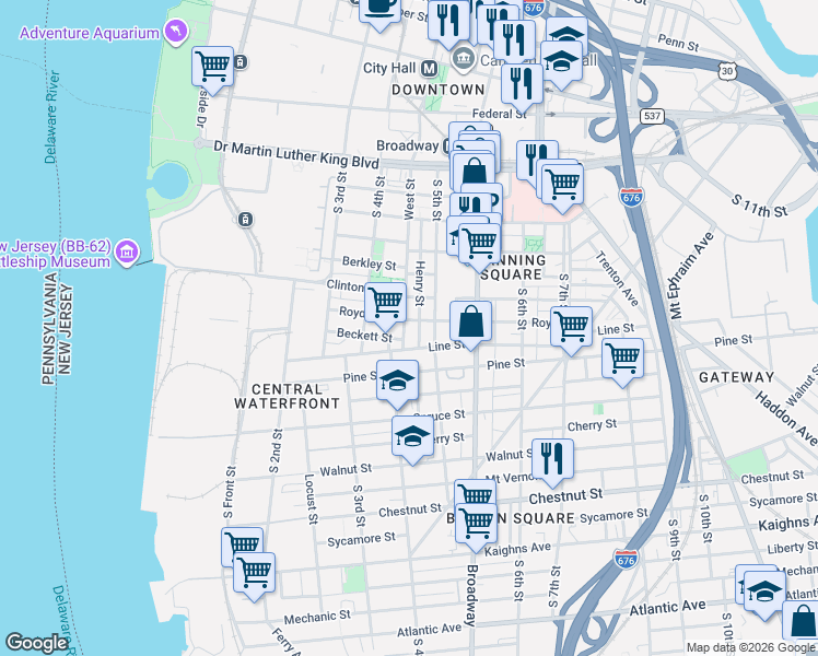 map of restaurants, bars, coffee shops, grocery stores, and more near 610 Henry Street in Camden
