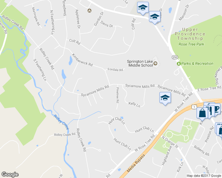 map of restaurants, bars, coffee shops, grocery stores, and more near 370 Sycamore Mills Road in Media