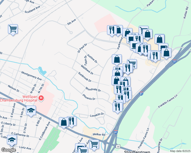 map of restaurants, bars, coffee shops, grocery stores, and more near 262 Matthew Drive in Chambersburg