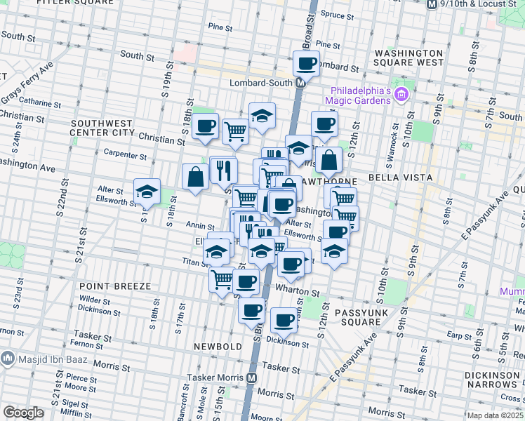 map of restaurants, bars, coffee shops, grocery stores, and more near 1100 South Broad Street in Philadelphia