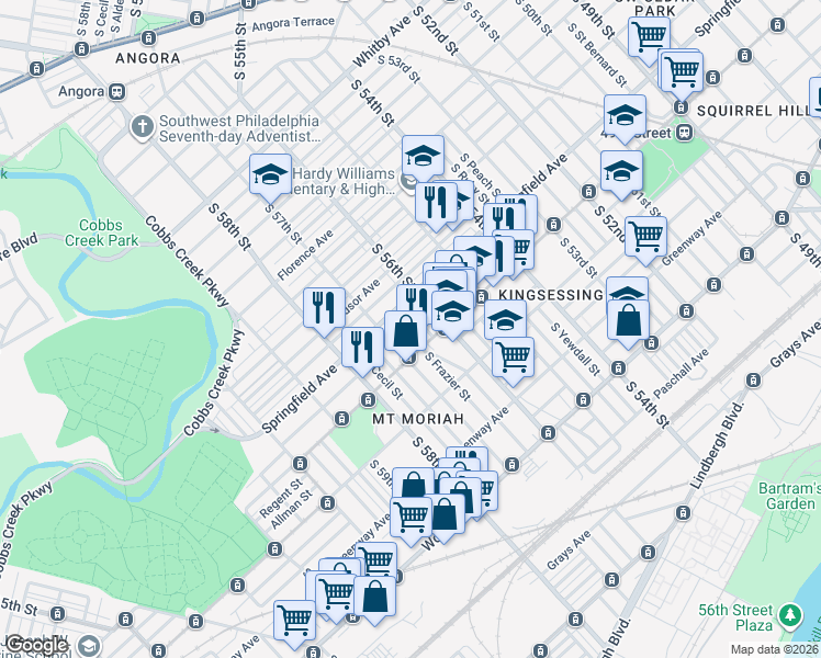 map of restaurants, bars, coffee shops, grocery stores, and more near 5617 Chester Avenue in Philadelphia