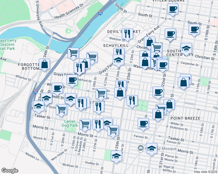 map of restaurants, bars, coffee shops, grocery stores, and more near 2609 Latona Street in Philadelphia