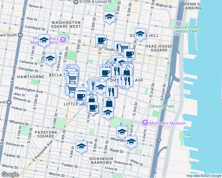 map of restaurants, bars, coffee shops, grocery stores, and more near 521 Christian Street in Philadelphia