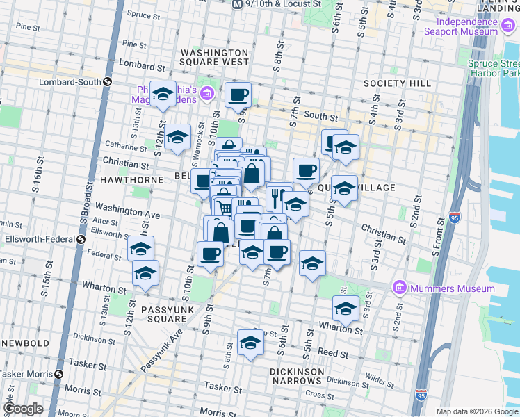 map of restaurants, bars, coffee shops, grocery stores, and more near 718 Hall Street in Philadelphia