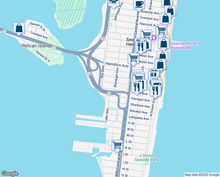 map of restaurants, bars, coffee shops, grocery stores, and more near 318 Porter Avenue in Seaside Heights