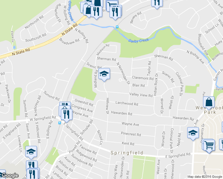 map of restaurants, bars, coffee shops, grocery stores, and more near 309 Valley View Road in Springfield