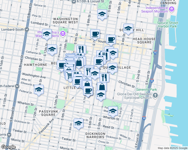 map of restaurants, bars, coffee shops, grocery stores, and more near 717 South Columbus Boulevard in Philadelphia