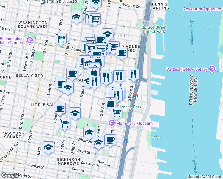 map of restaurants, bars, coffee shops, grocery stores, and more near 228 Catharine Street in Philadelphia