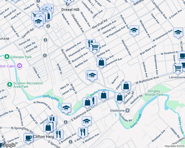 map of restaurants, bars, coffee shops, grocery stores, and more near 140 Abbey Terrace in Drexel Hill