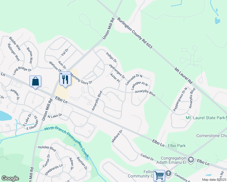 map of restaurants, bars, coffee shops, grocery stores, and more near 315 Moonseed Place in Mount Laurel Township