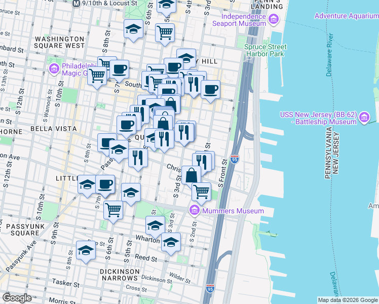 map of restaurants, bars, coffee shops, grocery stores, and more near 814 South 3rd Street in Philadelphia