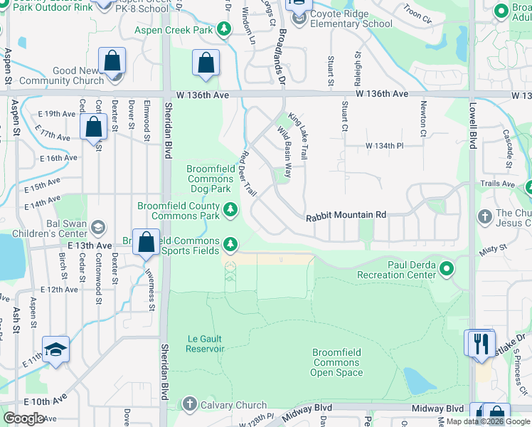 map of restaurants, bars, coffee shops, grocery stores, and more near 4550 Red Deer Trail in Broomfield