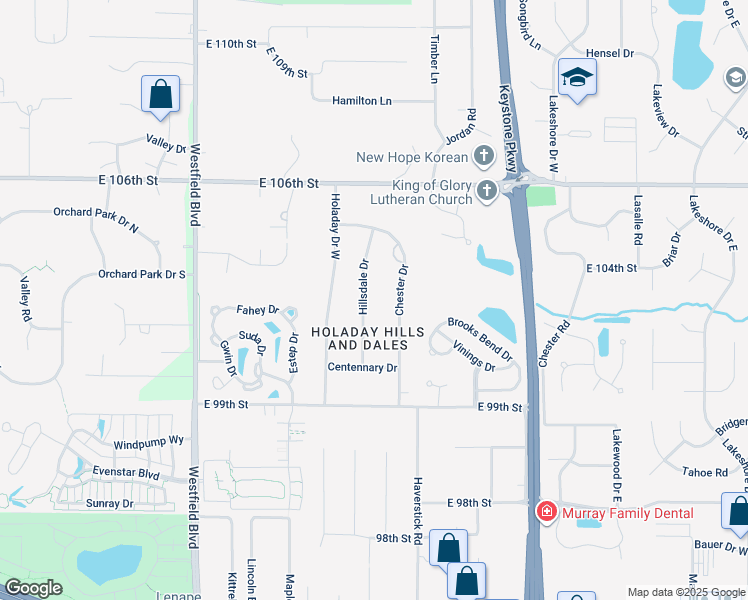 map of restaurants, bars, coffee shops, grocery stores, and more near 10207 Hillsdale Drive in Carmel