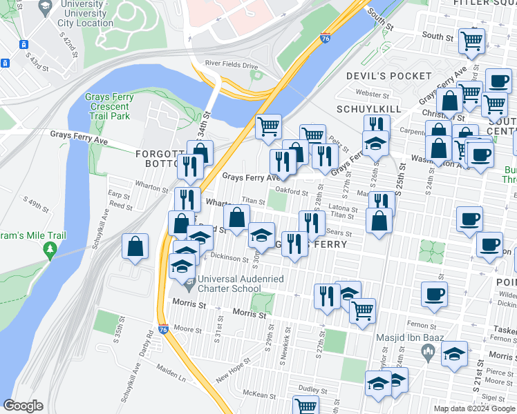 map of restaurants, bars, coffee shops, grocery stores, and more near 3011 Wharton Street in Philadelphia