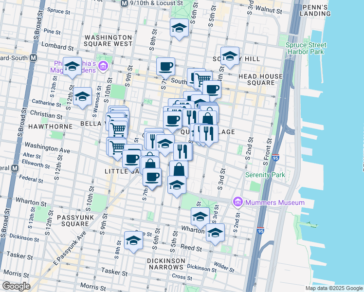 map of restaurants, bars, coffee shops, grocery stores, and more near 521 Christian Street in Philadelphia