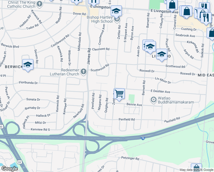 map of restaurants, bars, coffee shops, grocery stores, and more near 3079 Niagara Court West in Columbus