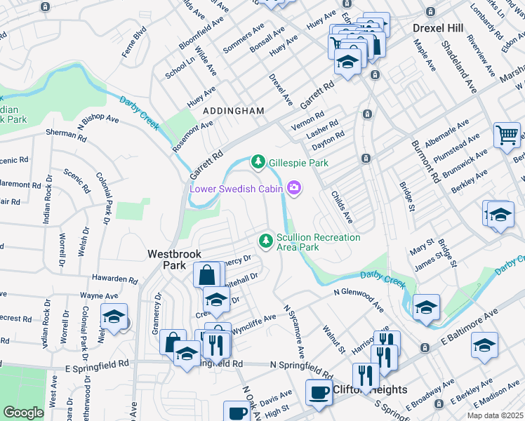 map of restaurants, bars, coffee shops, grocery stores, and more near 530 North Sycamore Avenue in Clifton Heights