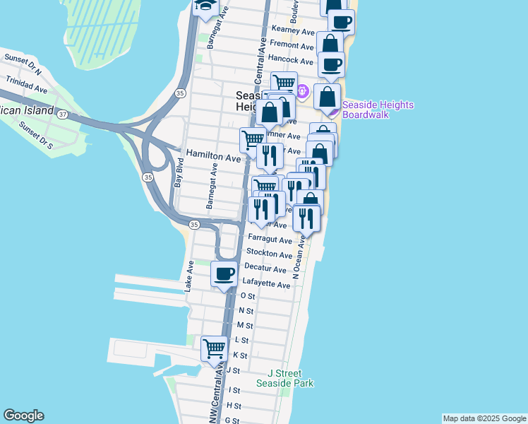 map of restaurants, bars, coffee shops, grocery stores, and more near 22 Ocean Boulevard in Seaside Heights