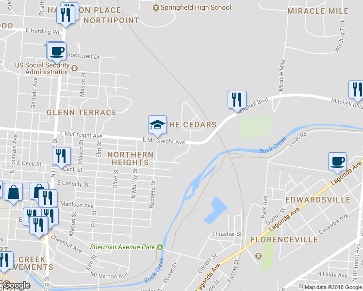 map of restaurants, bars, coffee shops, grocery stores, and more near 871 East McCreight Avenue in Springfield