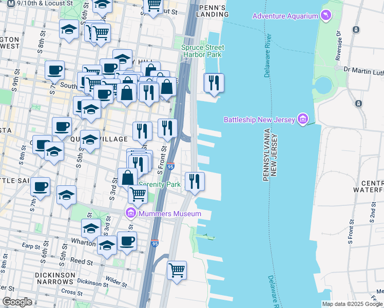map of restaurants, bars, coffee shops, grocery stores, and more near 740 South Christopher Columbus Boulevard in Philadelphia