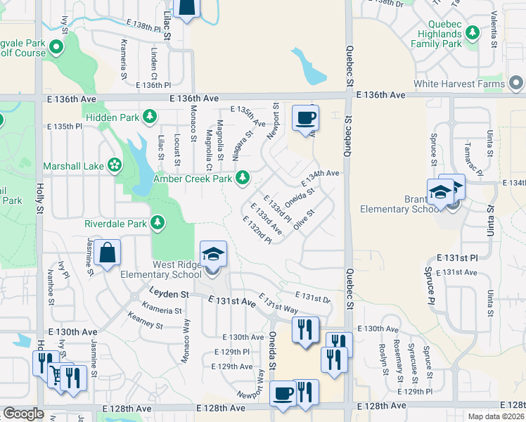 map of restaurants, bars, coffee shops, grocery stores, and more near 6872 East 133rd Avenue in Thornton