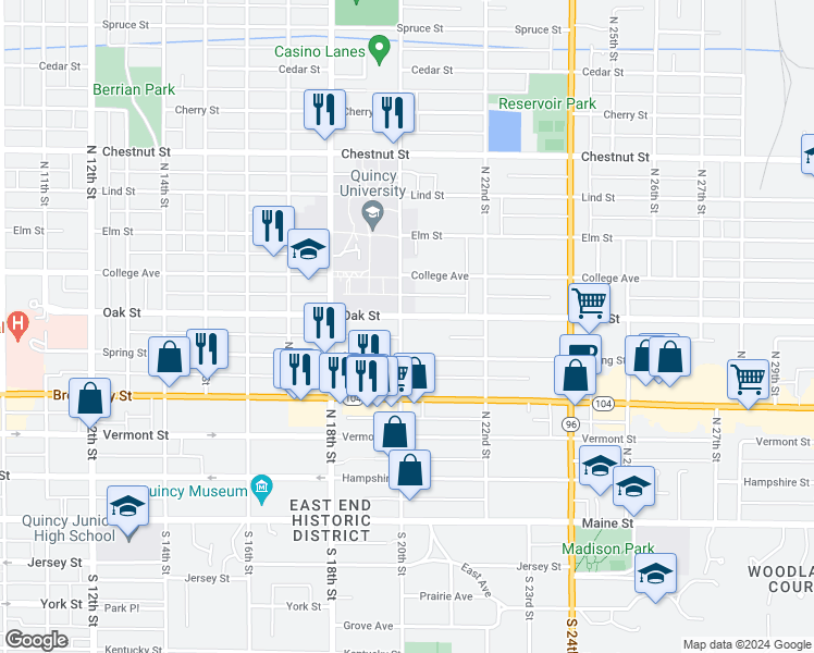 map of restaurants, bars, coffee shops, grocery stores, and more near 2000 Oak Street in Quincy