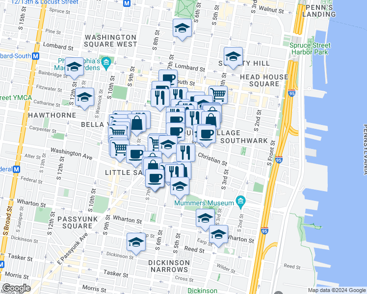 map of restaurants, bars, coffee shops, grocery stores, and more near 525 Christian Street in Philadelphia