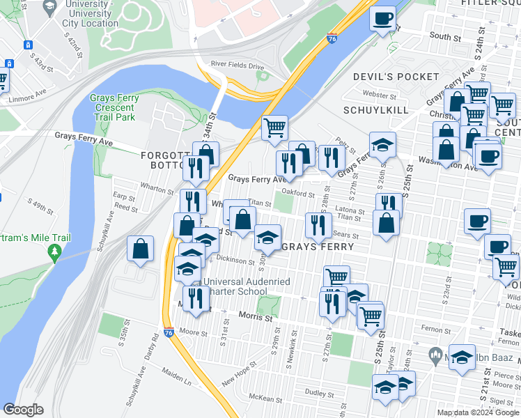 map of restaurants, bars, coffee shops, grocery stores, and more near 3021 Wharton Street in Philadelphia