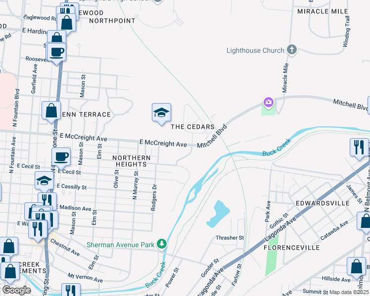 map of restaurants, bars, coffee shops, grocery stores, and more near 873 East McCreight Avenue in Springfield