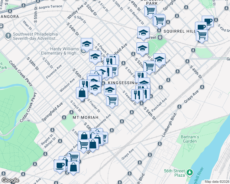 map of restaurants, bars, coffee shops, grocery stores, and more near 1628 South Conestoga Street in Philadelphia