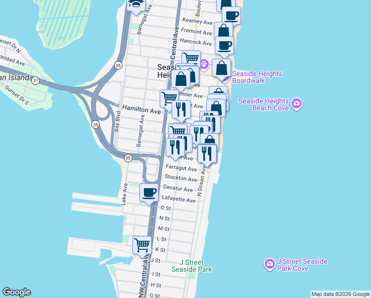 map of restaurants, bars, coffee shops, grocery stores, and more near 22 Ocean Boulevard in Seaside Heights