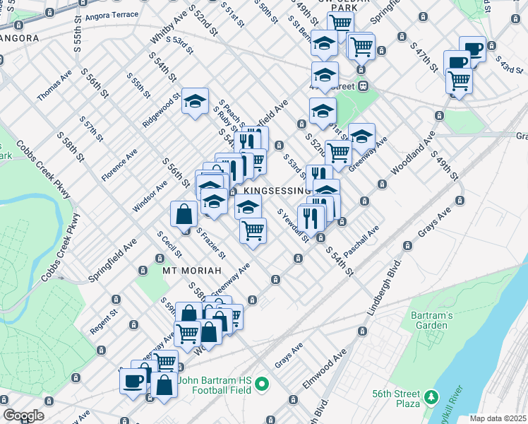 map of restaurants, bars, coffee shops, grocery stores, and more near 1612 South Conestoga Street in Philadelphia