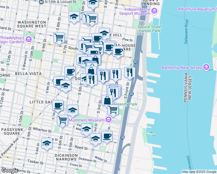map of restaurants, bars, coffee shops, grocery stores, and more near 228 Catharine Street in Philadelphia