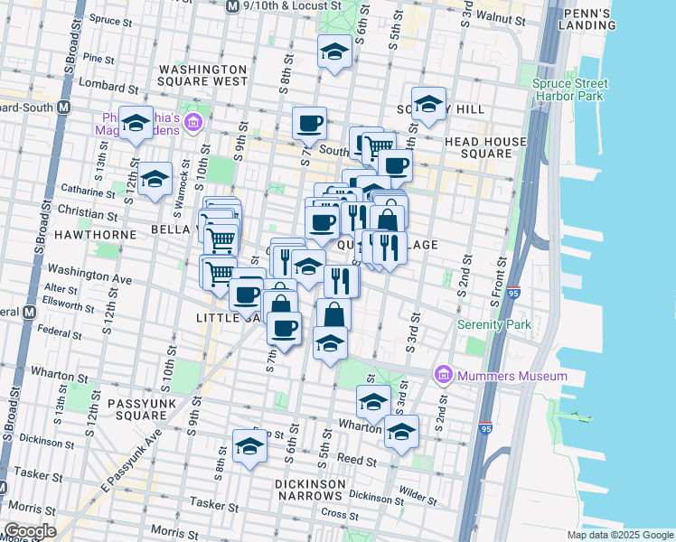 map of restaurants, bars, coffee shops, grocery stores, and more near 525 Christian Street in Philadelphia