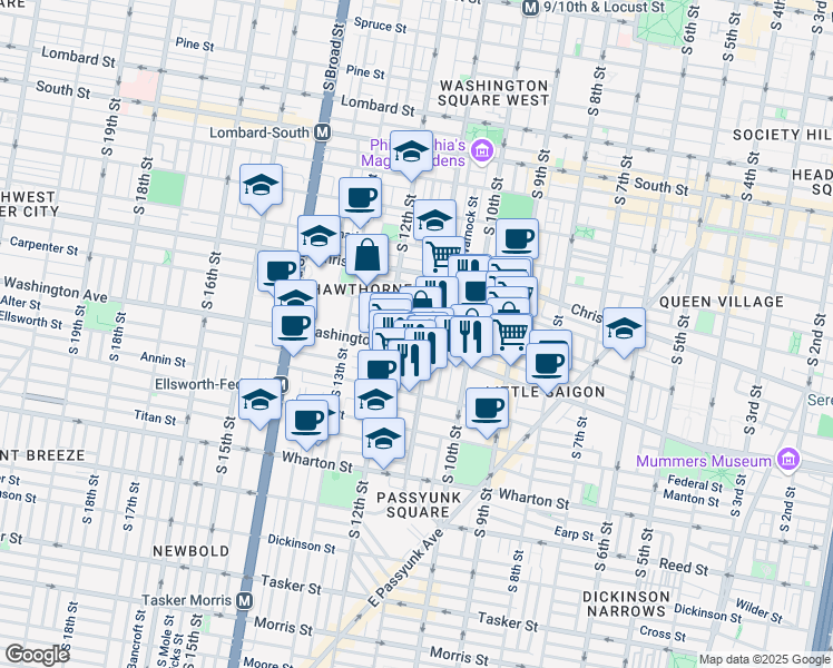 map of restaurants, bars, coffee shops, grocery stores, and more near 1101 Washington Avenue in Philadelphia