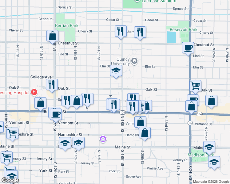map of restaurants, bars, coffee shops, grocery stores, and more near 1732 Oak Street in Quincy