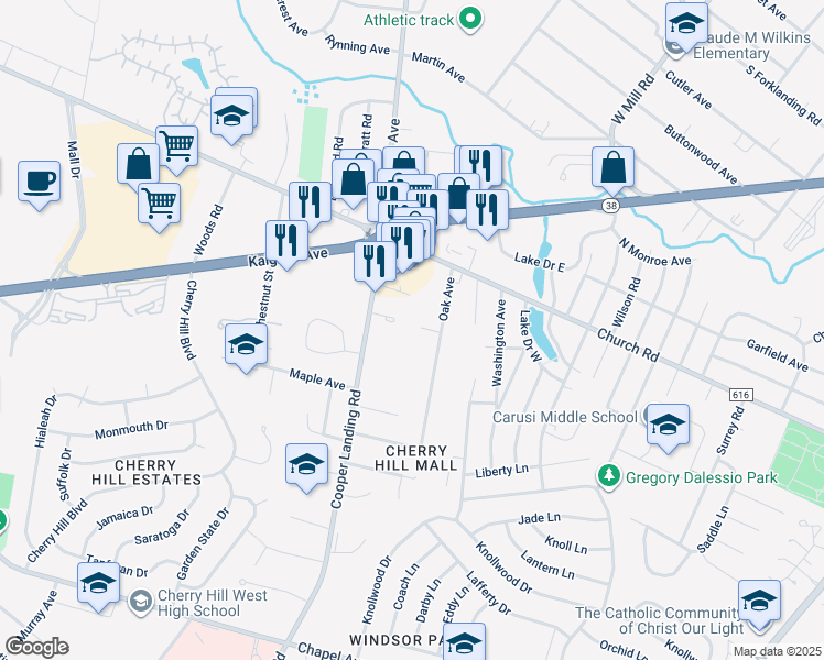 map of restaurants, bars, coffee shops, grocery stores, and more near 4 Carol Court in Cherry Hill