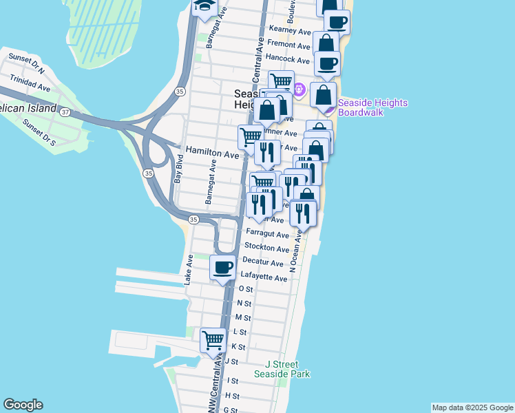 map of restaurants, bars, coffee shops, grocery stores, and more near 22 Ocean Boulevard in Seaside Heights