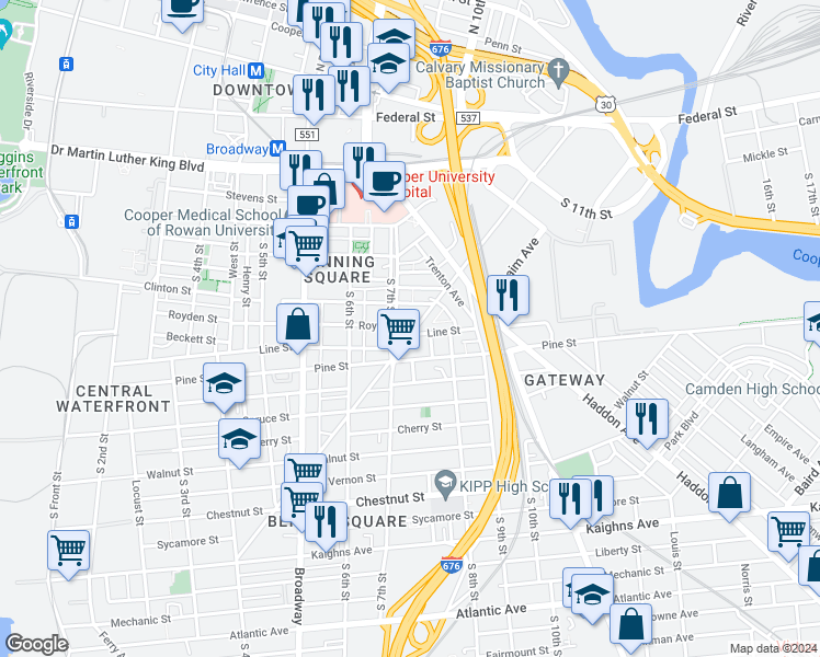 map of restaurants, bars, coffee shops, grocery stores, and more near 619 Newton Avenue in Camden