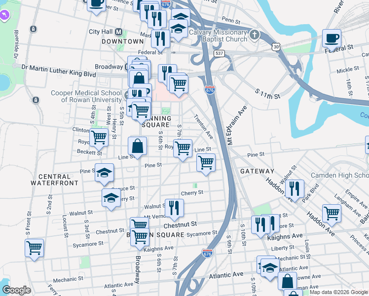 map of restaurants, bars, coffee shops, grocery stores, and more near 619 Newton Avenue in Camden