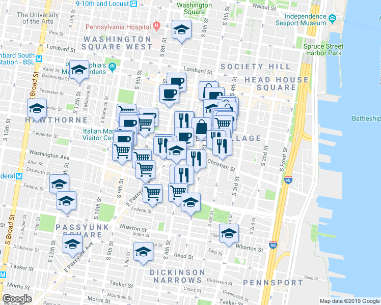 map of restaurants, bars, coffee shops, grocery stores, and more near 536 Christian Street in Philadelphia