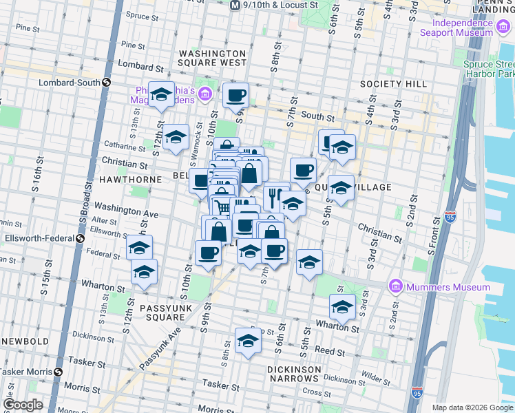 map of restaurants, bars, coffee shops, grocery stores, and more near 718 Hall Street in Philadelphia