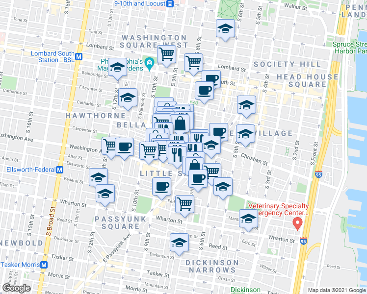 map of restaurants, bars, coffee shops, grocery stores, and more near 718 Hall Street in Philadelphia